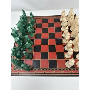 Vintage Asian Chess Set Resin Plastic Carved 5" King Complete Green Ivory